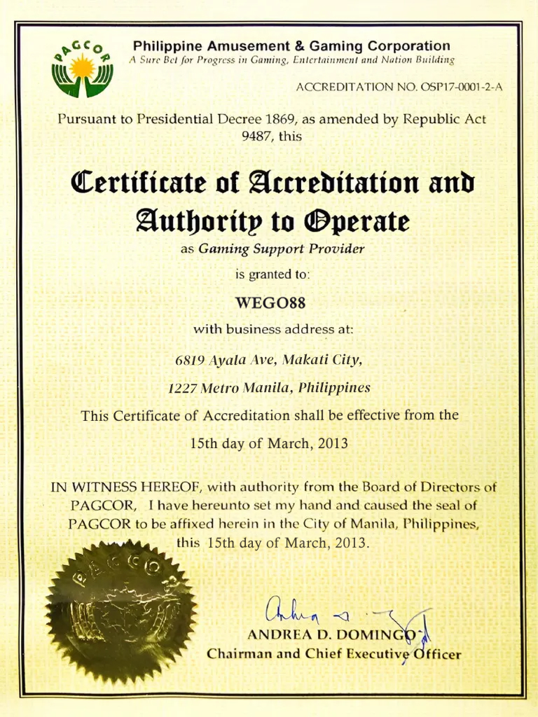 WEGO88 공식 라이선스 문서